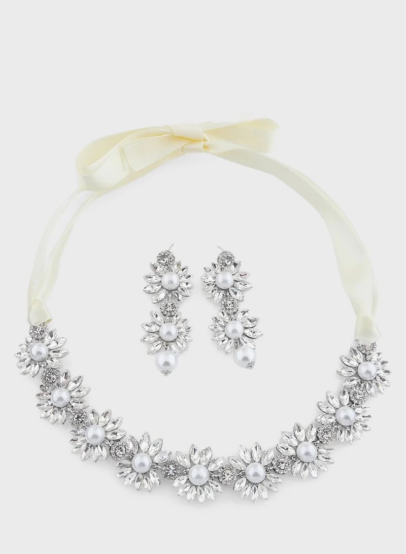Ella Limited Edition Floral Pearl Diamante Necklace & Drop Earrings Set