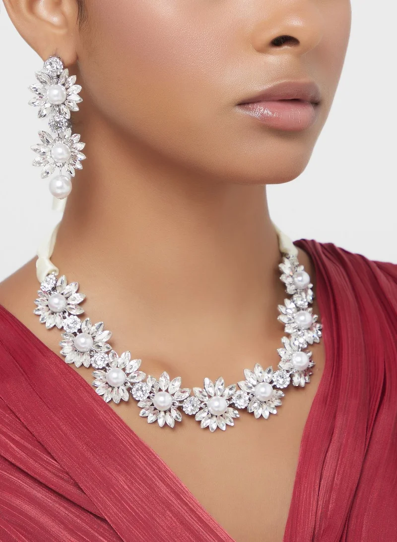 Ella Limited Edition Floral Pearl Diamante Necklace & Drop Earrings Set