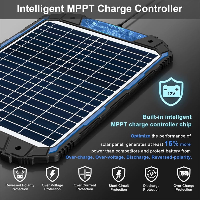 SUNER POWER 18W 12V Solar Battery Trickle Charger & Maintainer PRO, Built-in Intelligent MPPT Charge Controller, Waterproof 12 Volt Solar Panel Charging Kits for Car Auto Marine RV Trailer Boat Camper - Image 2