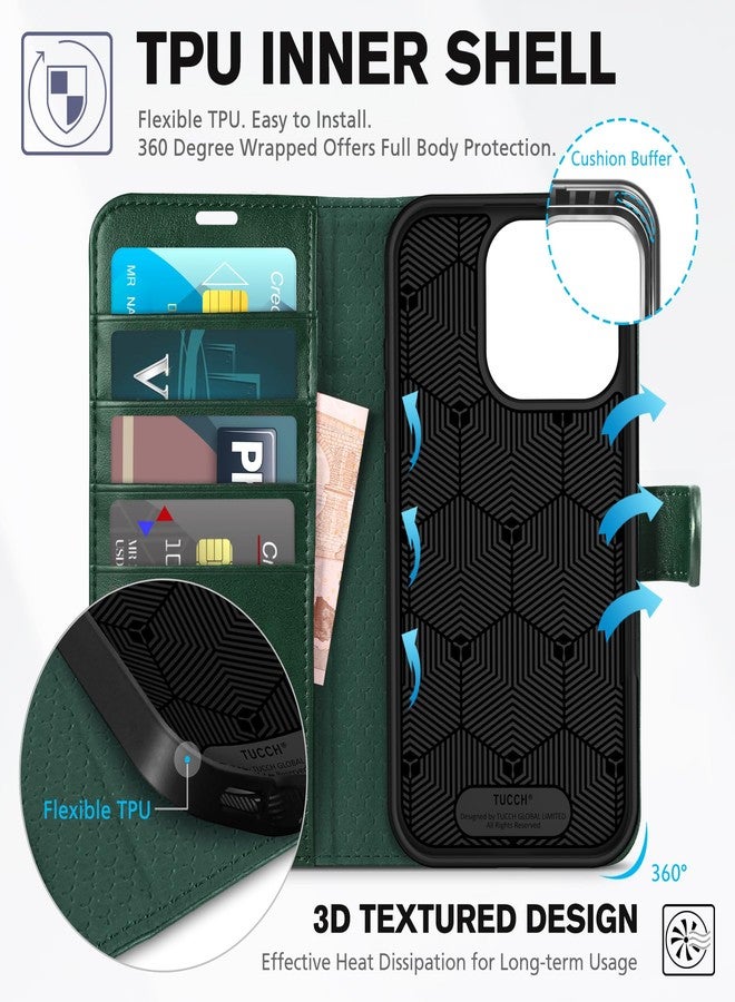 TUCCH محفظة TUCCH لهاتف iPhone 16 Pro، حماية [غلاف داخلي مقاوم للصدمات من مادة TPU]، جلد PU [حجب RFID] [4 حامل بطاقات] غطاء مغناطيسي متوافق مع iPhone 16 Pro 2024، أخضر - Image 5