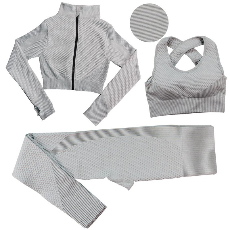 Striped Seamless Yoga Suit Long Pants Bra Set Grey  - Image 1