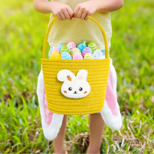 Poschnor Easter Basket for Kids Easter Bunny Basket with Gift Bags and Ribbons Woven Cotton Rope Egg Easter Baskets for Girls Boys Toddler Babies Yellow - Image 3