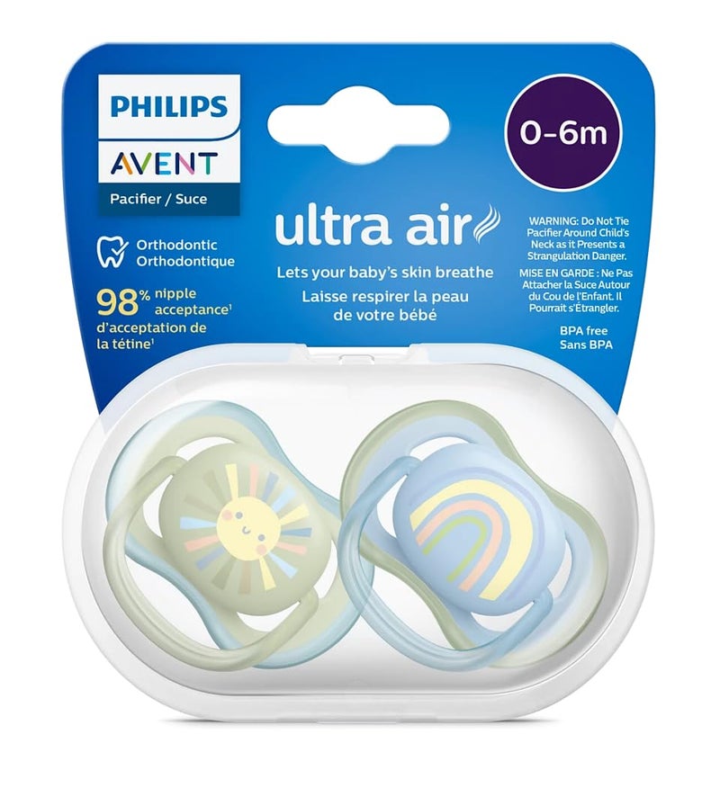 Avent Philips Ultra Air Soother - 2 x Light, Breathable Baby Soothers for Babies Aged 0‑6 Months, BPA-Free with Steriliser Carry Case (Model SCF085/58) - Image 1