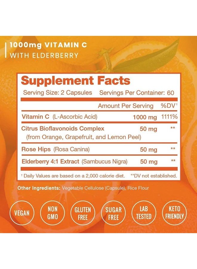 NutraChamps (2 Pack) Vitamin C 1000mg with Elderberry, Citrus Bioflavonoids & Rose Hips - 120 Capsules Vegan, Non-GMO Antioxidant Supplement for Immune Health & Collagen Production 500mg Powder Pills - Image 2
