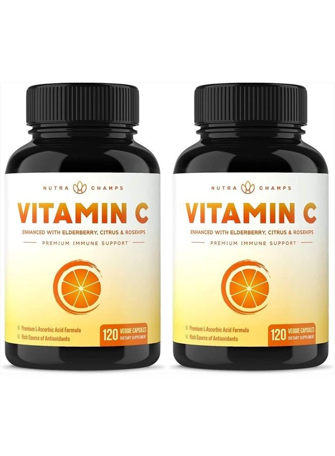 NutraChamps (2 Pack) Vitamin C 1000mg with Elderberry, Citrus Bioflavonoids & Rose Hips - 120 Capsules Vegan, Non-GMO Antioxidant Supplement for Immune Health & Collagen Production 500mg Powder Pills - Image 1