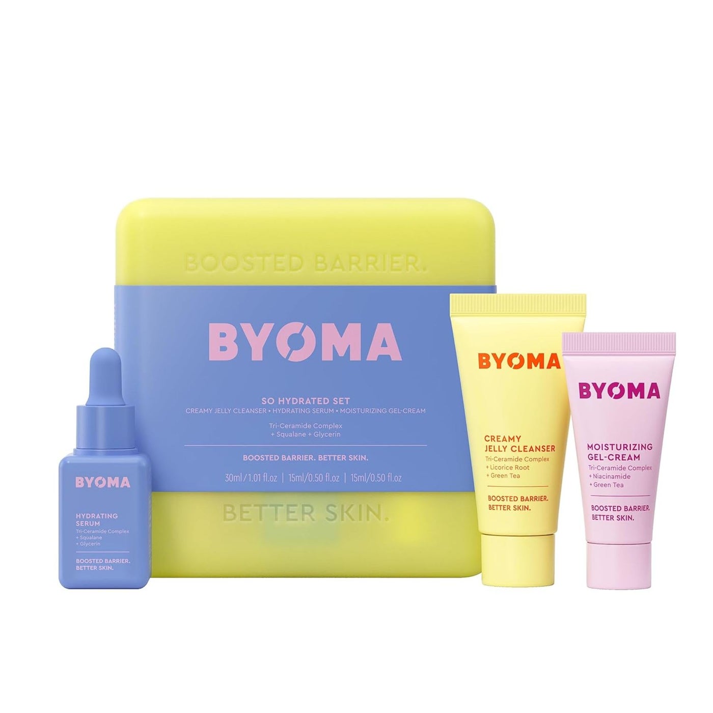 BYOMA So Hydrating Set Barrier Repair Skincare Set Creamy Jelly Cleanser Hydrating Face Serum Ceramide Face Moisturizer for Dry Skin Anti Wrinkle Alcohol Free Skin Care 30ml 15ml 15ml