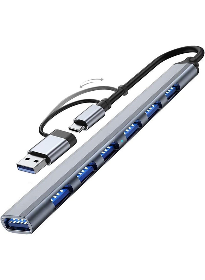 7 in 1 USB Hub, Dual Port USB C & USB 3.0 Multiport Adapter, High-Speed Data Hub with 7 USB Ports, Aluminum Portable Splitter for Laptop, PC, Flash Drive, HDD, Keyboard, Mouse - Image 1