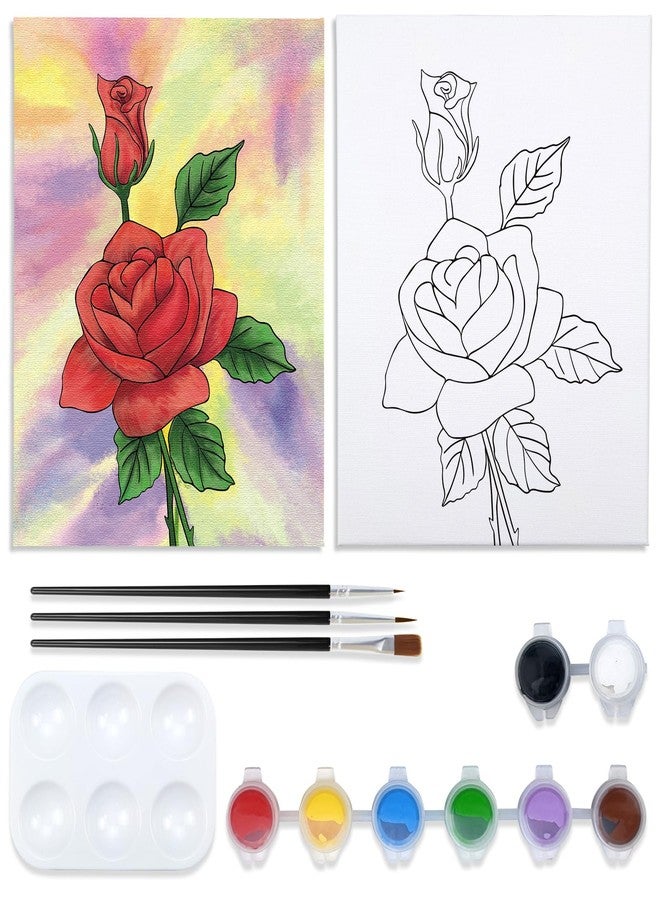 VOCHIC Paint and Sip Kit, Rose Pre Drawn Canvas Painting Kit for Adults Kid Painting Twist Party Supplies for Beginner Gift Favor, 8 Acrylic Colors, 3 Brushes,1 Pallet,1 Image Art Craft Set(8x10) - Image 1