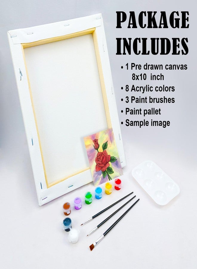 VOCHIC Paint and Sip Kit, Rose Pre Drawn Canvas Painting Kit for Adults Kid Painting Twist Party Supplies for Beginner Gift Favor, 8 Acrylic Colors, 3 Brushes,1 Pallet,1 Image Art Craft Set(8x10) - Image 5