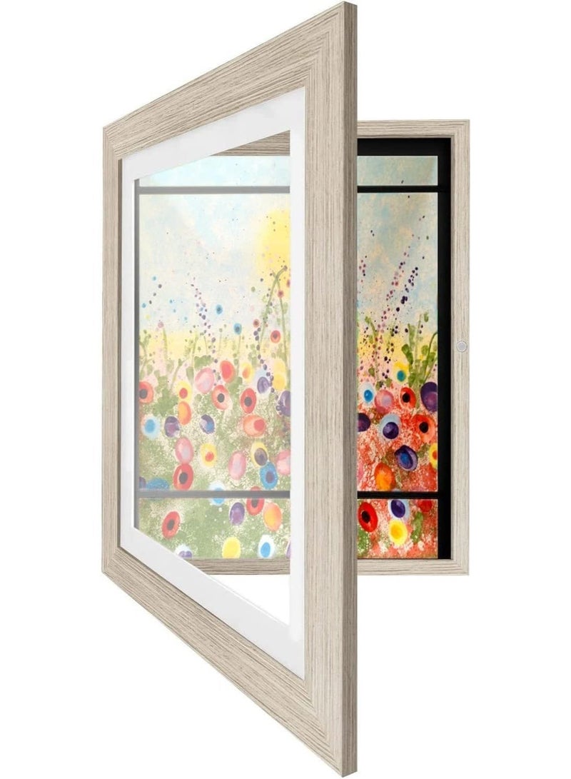 Kids Artwork Display Frame, A4 Size Front Opening Wooden Art Frame with Tempered Glass, Magnetic Door, Elastic Straps, Wall Mount for Children’s Paintings, Photos, Walnut (Light Wood) - Image 1