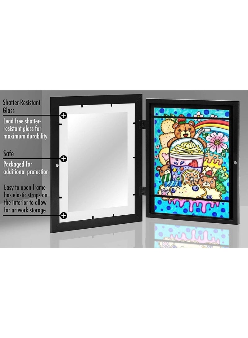 Kids Artwork Display Frame, A4 Size Front Opening Wooden Art Frame with Tempered Glass, Magnetic Door, Elastic Straps, Wall Mount for Children’s Paintings, Photos, Walnut (Light Wood) - Image 3