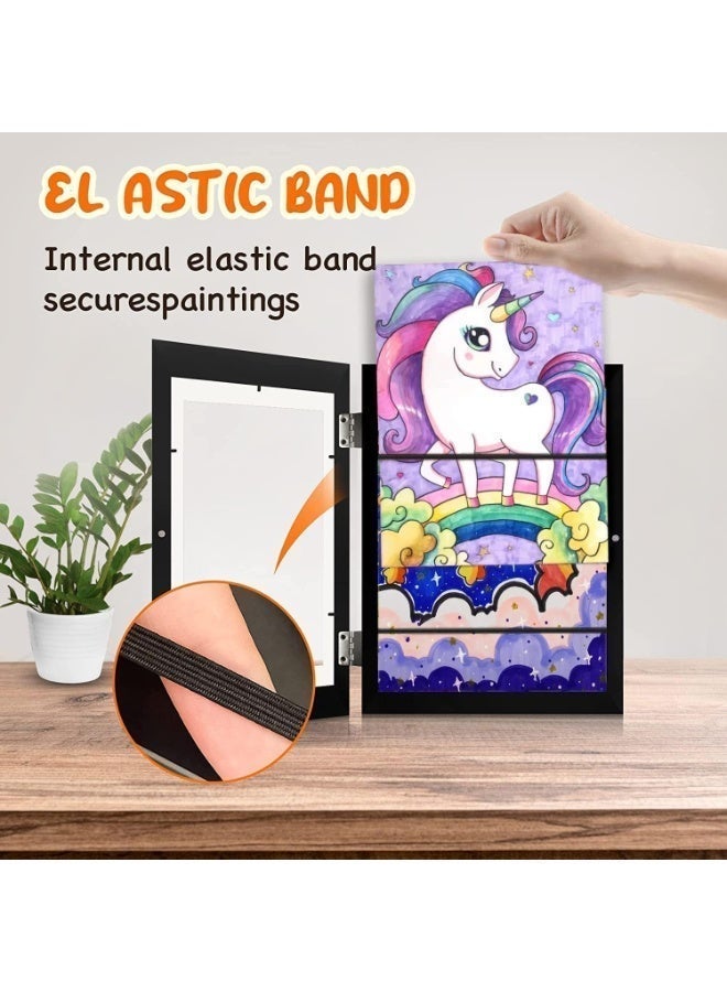 Kids Artwork Display Frame, A4 Size Front Opening Wooden Art Frame with Tempered Glass, Magnetic Door, Elastic Straps, Wall Mount for Children’s Paintings, Photos, Walnut (Light Wood) - Image 4
