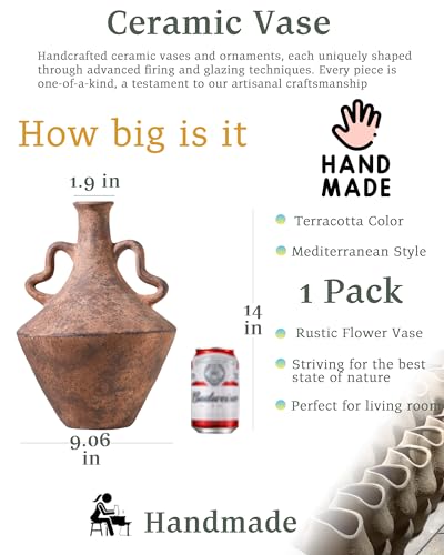 UPWOIGH 14x9.06 in Tall Vintage Ceramic Vase with Handles, Antique Terracotta Pottery Vase for Living Room Table Decor, Rustic Farmhouse Bedroom Decoration, Distressed Brown with Black Markings, Gift - Image 3
