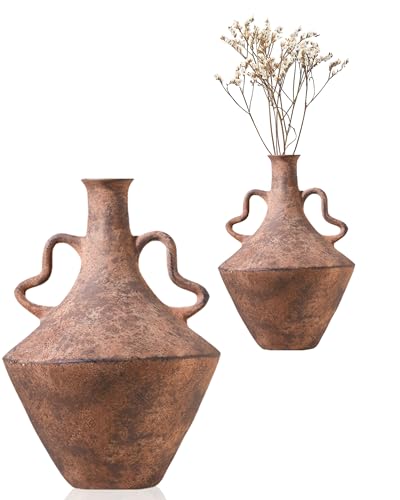 UPWOIGH 14x9.06 in Tall Vintage Ceramic Vase with Handles, Antique Terracotta Pottery Vase for Living Room Table Decor, Rustic Farmhouse Bedroom Decoration, Distressed Brown with Black Markings, Gift - Image 1