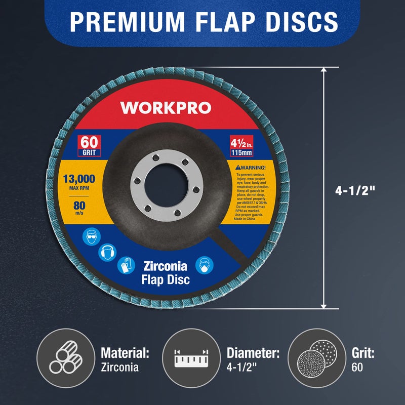 WORKPRO 10-Pack Flap Discs, 4-1/2-inch, Arbor Size 7/8-inch, T29 Zirconia Abrasive Grinding Wheel and Flap Sanding Disc, Includes 60 Grits - Image 5