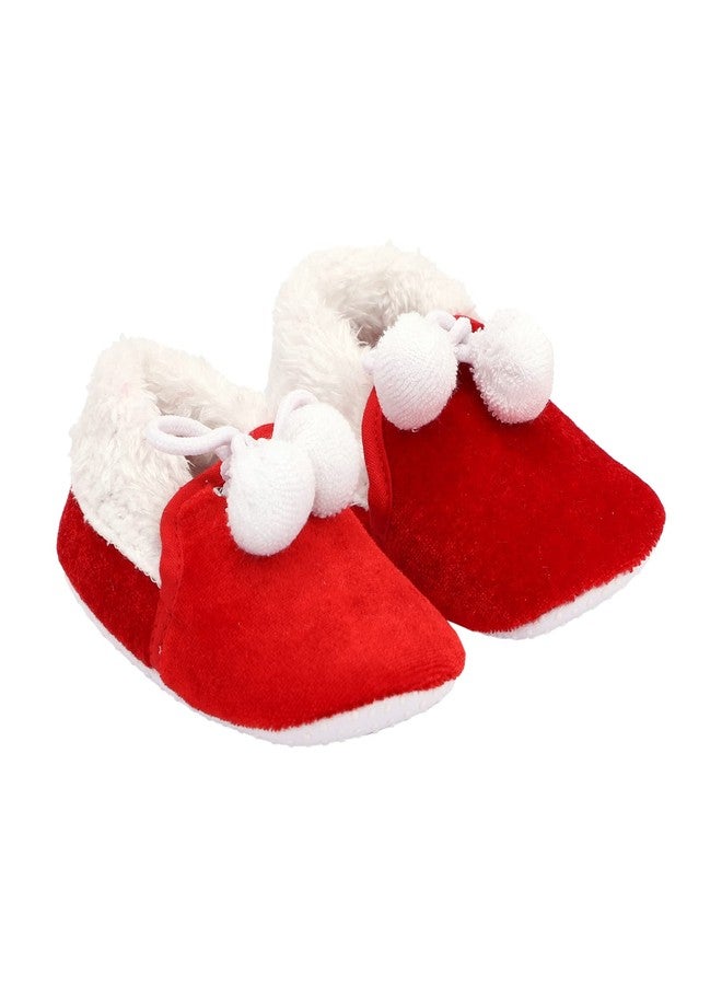 Coco Candy Baby Boys & Girls Kids Unisex Fur & Pom Pom New Born Infant Kids Shoes in Red Velvet - Red, 9 Months to 12 Months - Image 1