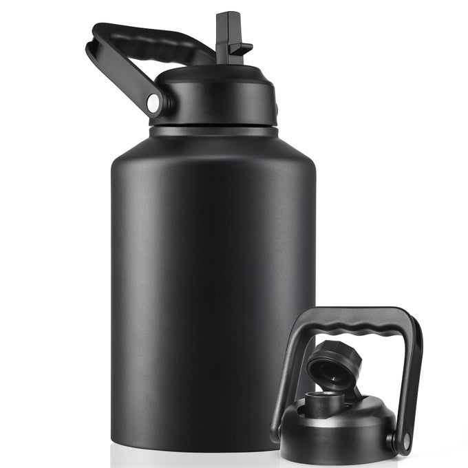 INSULATED GALLON WATER BOTTLE JUG WITH STRAW 128 OZ LARGE STAINLESS STEEL SPORTS METAL WATER CANTEEN WITH HANDLE THERMAL WATER CUP MUG WITH 2 LIDS MIDNIGHT BLACK