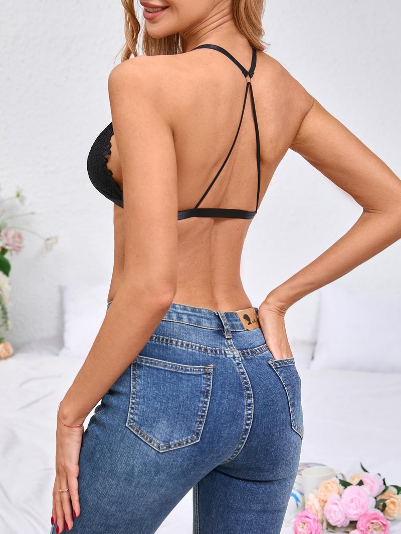 MakeMeChic Lace Bralettes for Women Sexy Bras Sheer Deep V Front Closure Bra Black Large - Image 2
