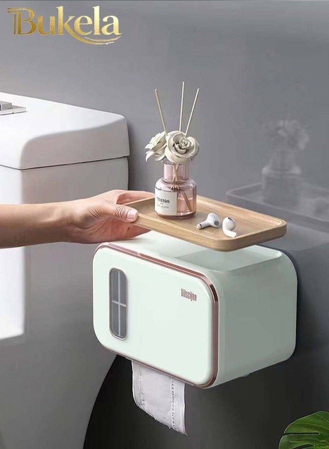 Bukela Wall-Mounted Tissue Box With Removable Wooden Pallet Punch-Free Tissue Dispenser, Perspective Window Design, Phone Rack Clear Tissue Storage For Bathroom Living Room Bedroom Office(Light fir green) - Image 1