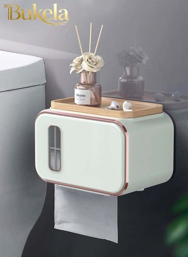 Bukela Wall-Mounted Tissue Box With Removable Wooden Pallet Punch-Free Tissue Dispenser, Perspective Window Design, Phone Rack Clear Tissue Storage For Bathroom Living Room Bedroom Office(Light fir green) - Image 4