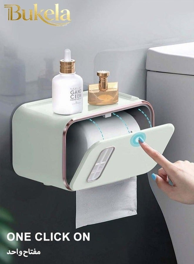 Bukela Wall-Mounted Tissue Box With Removable Wooden Pallet Punch-Free Tissue Dispenser, Perspective Window Design, Phone Rack Clear Tissue Storage For Bathroom Living Room Bedroom Office(Light fir green) - Image 2