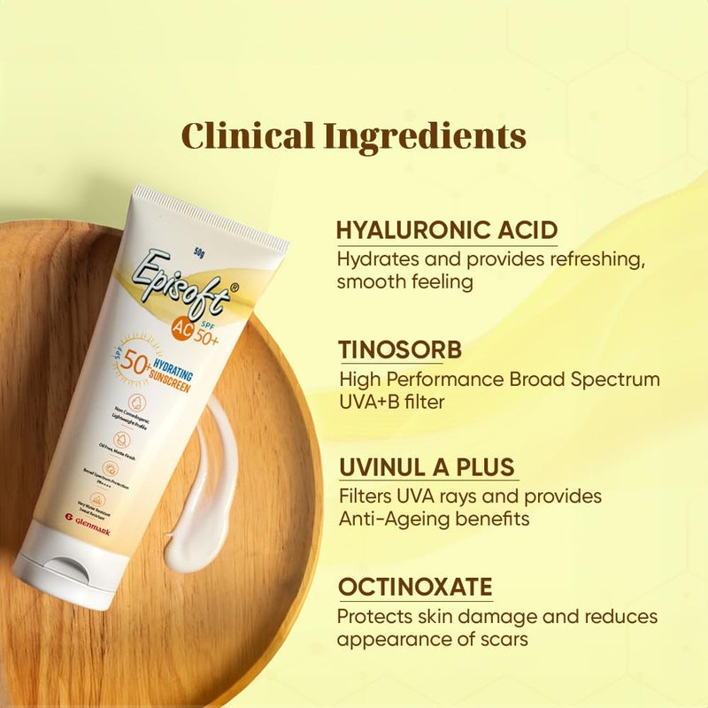 Episoft واقي الشمس إبيسوفت AC SPF 50 أقصى ترطيب حماية ضد الأشعة فوق البنفسجية UVA و UVB مقاوم للماء والعرق خفيف الوزن مع فوائد مضادة للشيخوخة لجميع أنواع البشرة بدون أثر أبيض 50 غرام - Image 4
