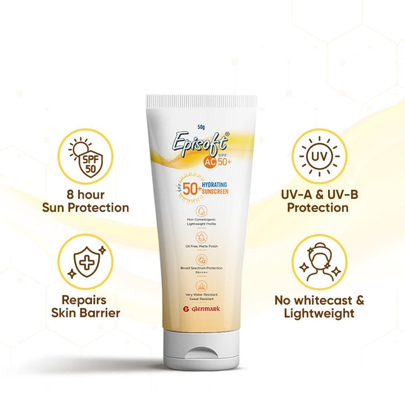 Episoft واقي الشمس إبيسوفت AC SPF 50 أقصى ترطيب حماية ضد الأشعة فوق البنفسجية UVA و UVB مقاوم للماء والعرق خفيف الوزن مع فوائد مضادة للشيخوخة لجميع أنواع البشرة بدون أثر أبيض 50 غرام - Image 3