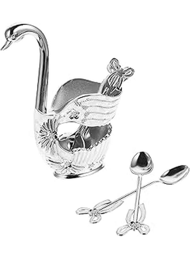 Silver Metal Swan Dessert Spoon Set with Holder 7pcs European Style Home Dining Fruit Serving - Image 1