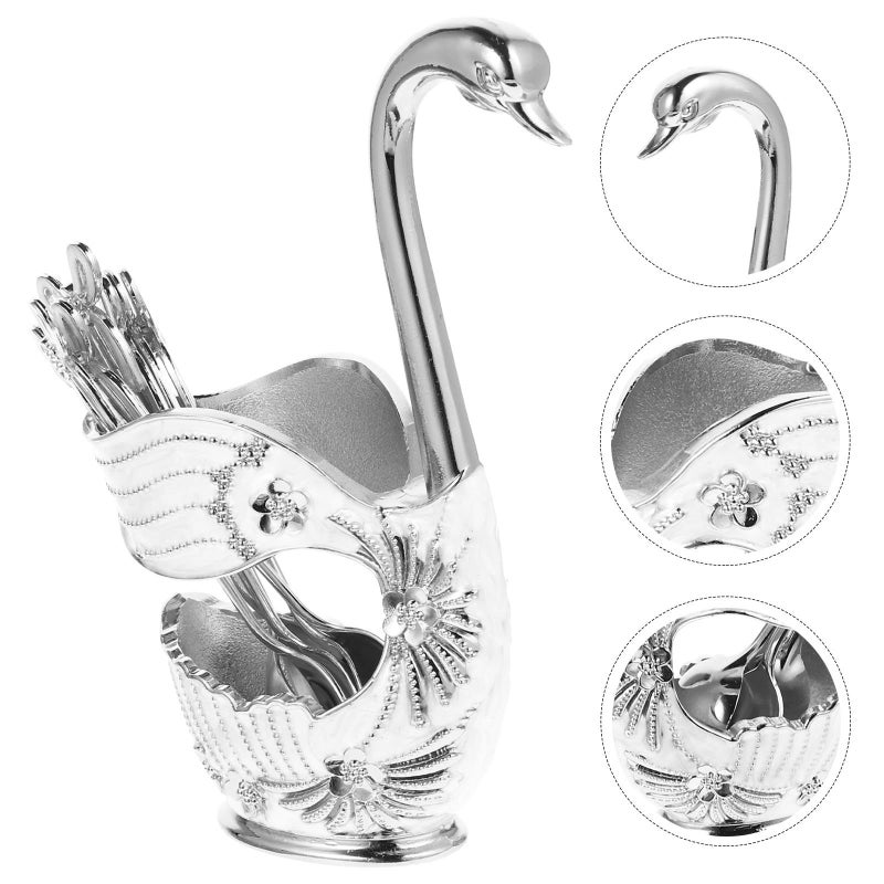Silver Metal Swan Dessert Spoon Set with Holder 7pcs European Style Home Dining Fruit Serving - Image 5