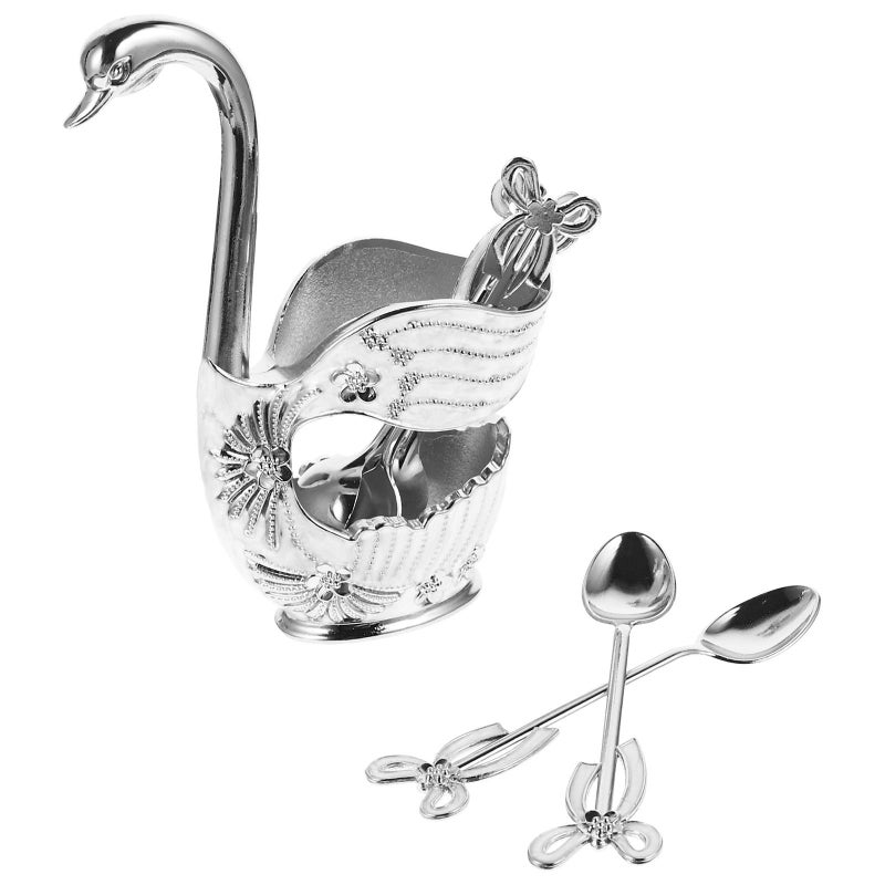 Silver Metal Swan Dessert Spoon Set with Holder 7pcs European Style Home Dining Fruit Serving - Image 2