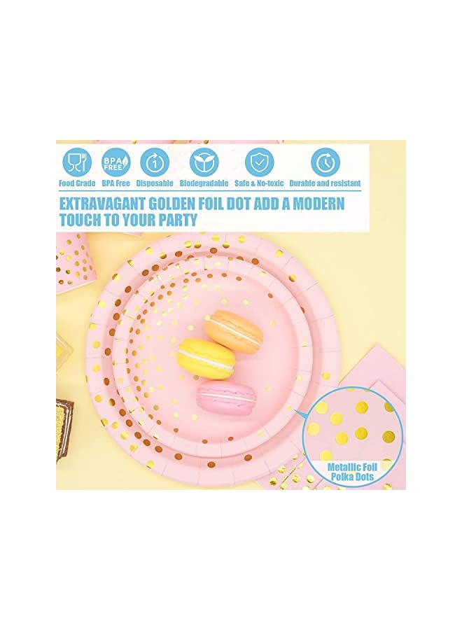 Raxoom 200Pcs Birthday Party Supplies Golden Dots Party Dinnerware Disposable Party Plates Napkins and Cups Sets Serves 25 Guests for Wedding Birthday Party (Pink) - Image 4
