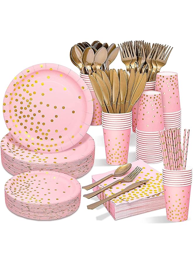 Raxoom 200Pcs Birthday Party Supplies Golden Dots Party Dinnerware Disposable Party Plates Napkins and Cups Sets Serves 25 Guests for Wedding Birthday Party (Pink) - Image 1