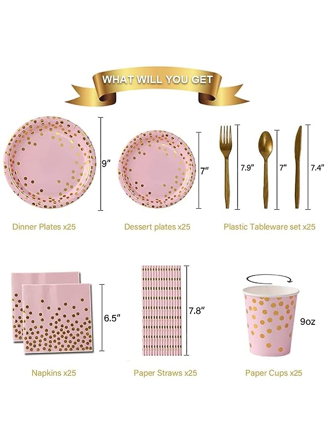 Raxoom 200Pcs Birthday Party Supplies Golden Dots Party Dinnerware Disposable Party Plates Napkins and Cups Sets Serves 25 Guests for Wedding Birthday Party (Pink) - Image 3