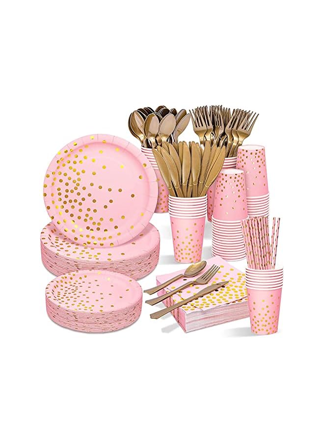 Raxoom 200Pcs Birthday Party Supplies Golden Dots Party Dinnerware Disposable Party Plates Napkins and Cups Sets Serves 25 Guests for Wedding Birthday Party (Pink) - Image 2