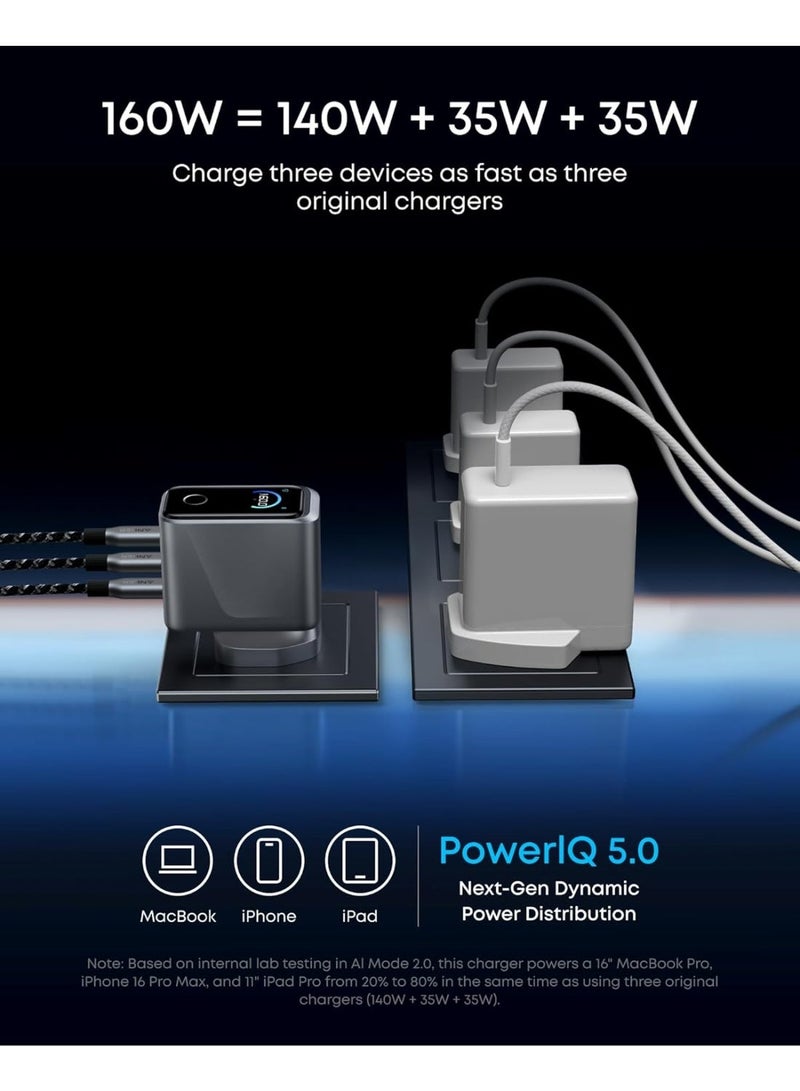 شاحن أنكر برايم USB C، 160 واط 3 منافذ شاحن USB C مدمج GaN، شاشة ذكية وتحكم باللمس، شحن 140 واط لأي منفذ فردي لجهاز MacBook، iPad، iPhone 17/16، والمزيد (الكابل غير متضمن) - Image 4