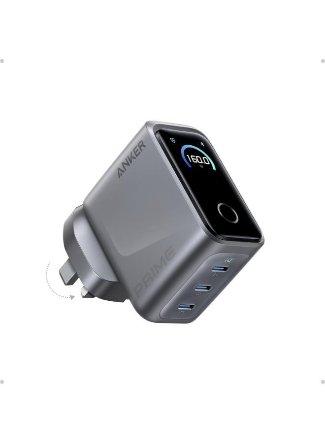 شاحن أنكر برايم USB C، 160 واط 3 منافذ شاحن USB C مدمج GaN، شاشة ذكية وتحكم باللمس، شحن 140 واط لأي منفذ فردي لجهاز MacBook، iPad، iPhone 17/16، والمزيد (الكابل غير متضمن) - Image 1