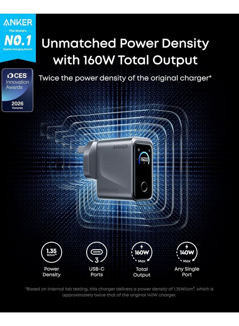 شاحن أنكر برايم USB C، 160 واط 3 منافذ شاحن USB C مدمج GaN، شاشة ذكية وتحكم باللمس، شحن 140 واط لأي منفذ فردي لجهاز MacBook، iPad، iPhone 17/16، والمزيد (الكابل غير متضمن) - Image 2