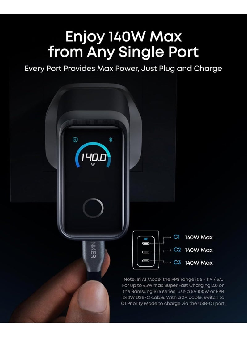شاحن أنكر برايم USB C، 160 واط 3 منافذ شاحن USB C مدمج GaN، شاشة ذكية وتحكم باللمس، شحن 140 واط لأي منفذ فردي لجهاز MacBook، iPad، iPhone 17/16، والمزيد (الكابل غير متضمن) - Image 3
