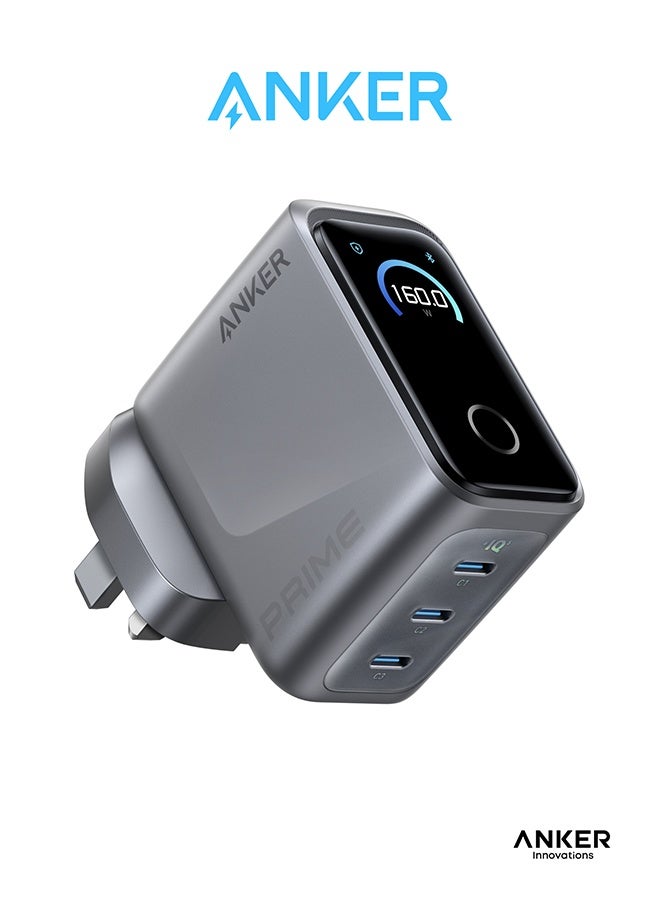 Anker Prime USB C Charger, 160W 3-Port Compact USB C GaN Charger, Smart Display and Touch Control, 140W Any-Single-Port Charging for MacBook, iPad, iPhone 17/16 Series, and More (Cable Not Included) Phantom Gray - Image 1