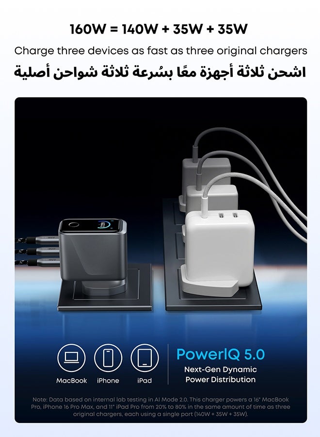 Anker Prime USB C Charger, 160W 3-Port Compact USB C GaN Charger, Smart Display and Touch Control, 140W Any-Single-Port Charging for MacBook, iPad, iPhone 17/16 Series, and More (Cable Not Included) Phantom Gray - Image 4