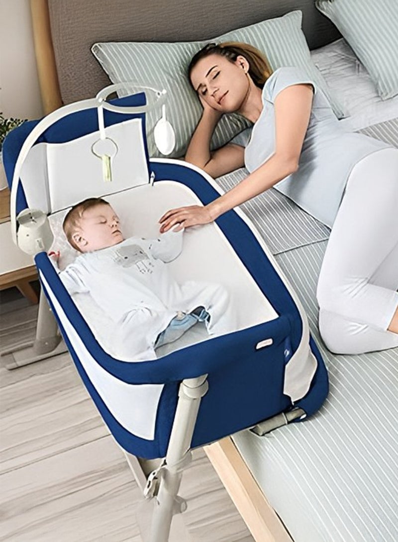 BAYBEE Cradella Cradle For Baby Cot Bedside Crib Portable Convertible Bassinet With Adjustable Height Wheels Mosquito Net Toys For Toddlers 0 To 18 Months Navy Blue - Image 1