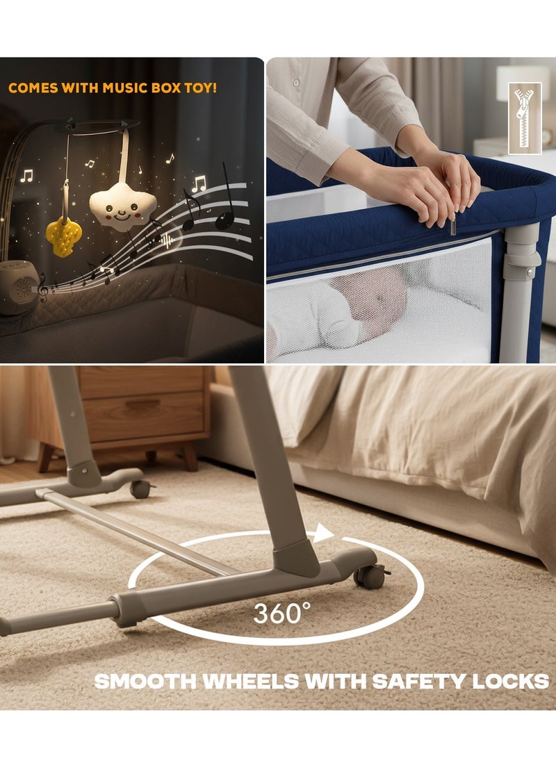 بيبي سرير أطفال كراديلا قابل للتحويل، سرير أطفال محمول، بعجلات قابلة للتعديل الارتفاع، ناموسية، ألعاب للأطفال الصغار من عمر 0 ​​إلى 18 شهرًا، أزرق داكن - Image 3