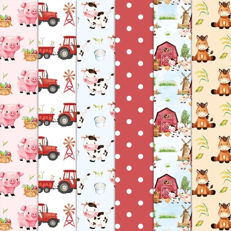 FYSUIMU 6Pcs Farm Animal Cotton Fabric Bundles Cartoon Barnyard Fat Quarters Watercolor Quilting Patchwork for DIY Sewing Craft Decor, 18 x 22 Inch - Image 1