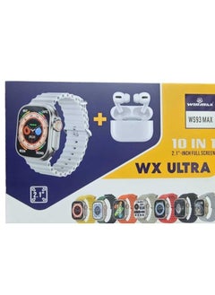 WX Ultra Abu 7-band smart watch with a modern Bluetooth headset, AirPods, waterproof