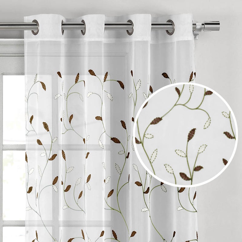 Creative Home Ideas Sheer Curtains Embroidered Floral Curtains, Curtain, Decorative Leaf Curtains for Living Room, Grommet Curtain Sheers, 54" x 63", Sage Green - 1 Single Panel - Image 1