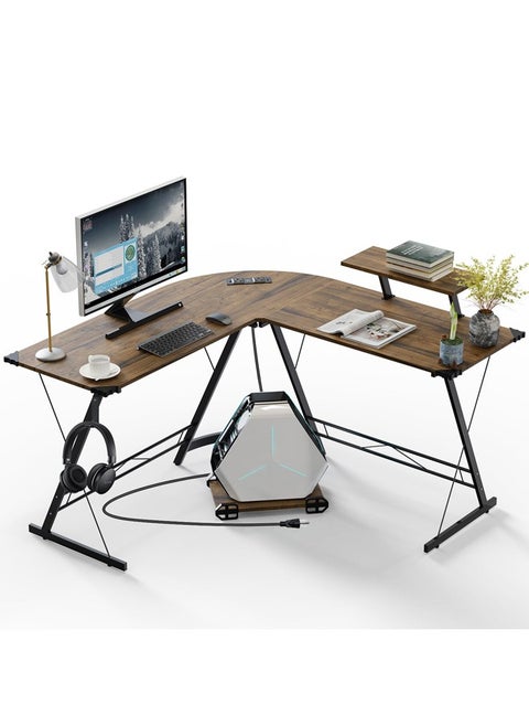 L Shaped Gaming Desk with Power Outlets, 51inch Computer Corner Table with Monitor Stand & Host bracket, Gamer Desk with Headset Hooks USB Charging Port