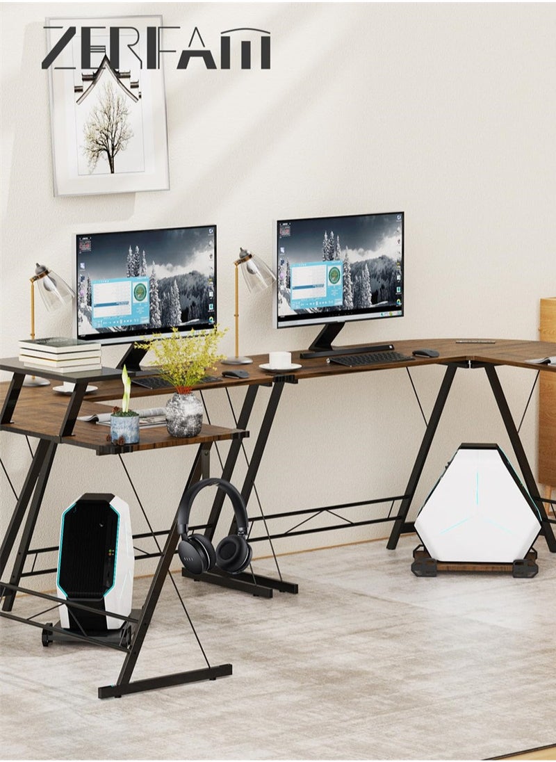 L Shaped Gaming Desk with Power Outlets, 51inch Computer Corner Table with Monitor Stand & Host bracket, Gamer Desk with Headset Hooks USB Charging Port