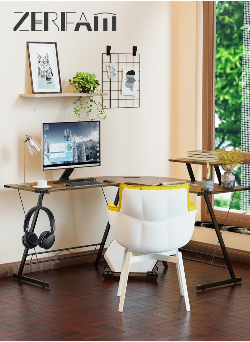 L Shaped Gaming Desk with Power Outlets, 51inch Computer Corner Table with Monitor Stand & Host bracket, Gamer Desk with Headset Hooks USB Charging Port