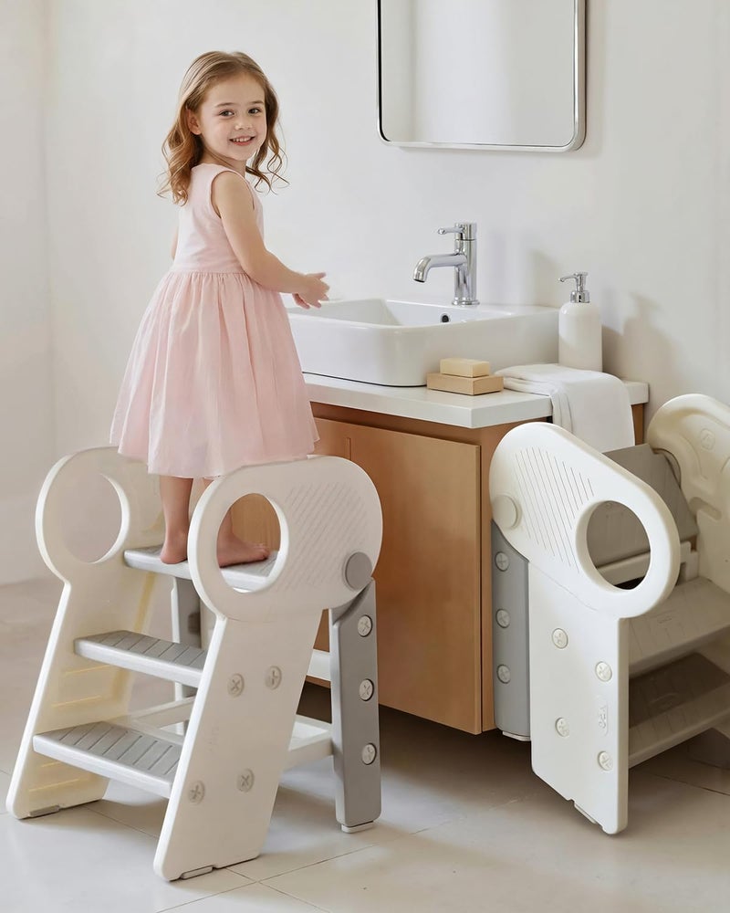 Soladder Foldable Toddler Step Stool with Handles for Bathroom Sink, Adjustable 3 or 2 Step Stool for Training Toilet Potty, Plastic Toddlers Kitchen Stool Helper for Kids-Grey - Image 1