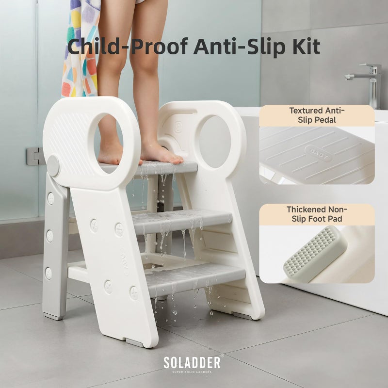 Soladder Foldable Toddler Step Stool with Handles for Bathroom Sink, Adjustable 3 or 2 Step Stool for Training Toilet Potty, Plastic Toddlers Kitchen Stool Helper for Kids-Grey - Image 3